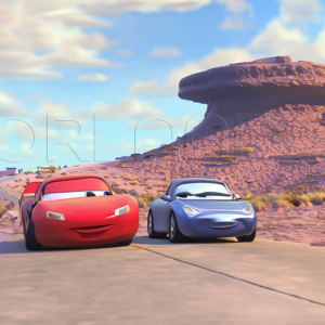 Lightning McQueen and Sally Carrera cruising through Radiator Springs