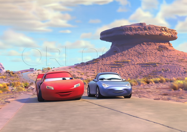 Lightning McQueen and Sally Carrera cruising through Radiator Springs