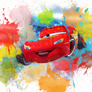 Lightning McQueen jumping on a large and colorful splash watercolor