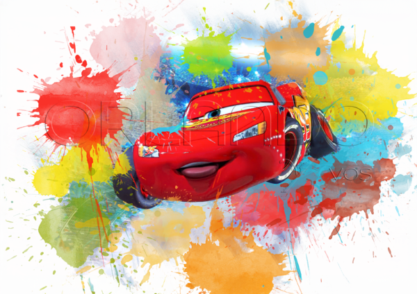 Lightning McQueen jumping on a large and colorful splash watercolor