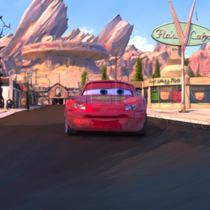 Lightning McQueen observes the Radiator Springs road that he himself repaired