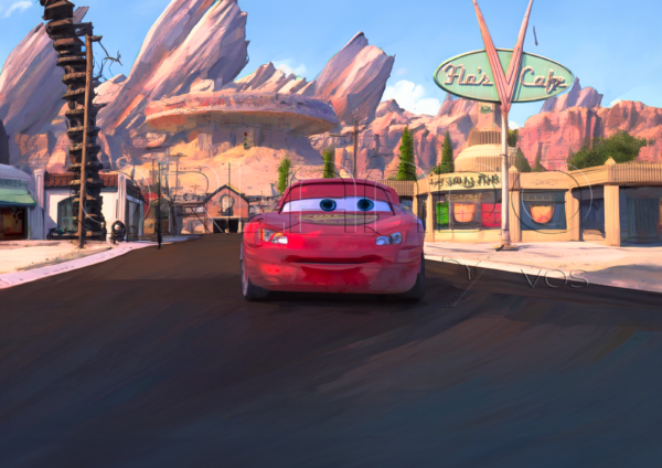 Lightning McQueen observes the Radiator Springs road that he himself repaired