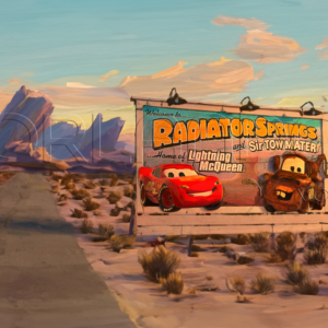 Digital oil painting with sign showing Radiator Springs Home of Lightning Mc Queen and Sir Tow Mater