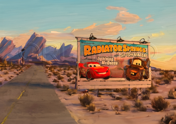 Digital oil painting with sign showing Radiator Springs Home of Lightning Mc Queen and Sir Tow Mater