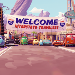 A young light blue Tow Mater and his friends await the arrival of new visitors to their town of Radiator Springs