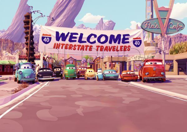 A young light blue Tow Mater and his friends await the arrival of new visitors to their town of Radiator Springs