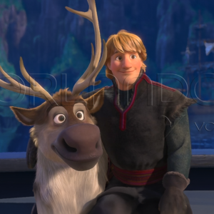 Kristoff and Sven gaze lovingly at Elsa and Anna