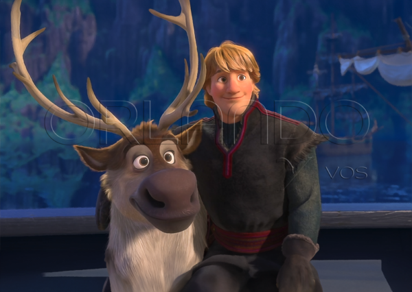 Kristoff and Sven gaze lovingly at Elsa and Anna