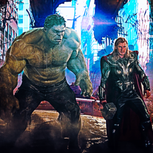 Hulk and Thor stand side-by-side in a ruined building. Epic digital art for your office, workspace, and other places.