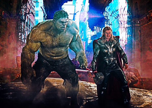 Hulk and Thor stand side-by-side in a ruined building. Epic digital art for your office, workspace, and other places.