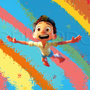 Luca jumping over a vibrant palette of colors. Ideal for your childs room, play room, living room and other places.