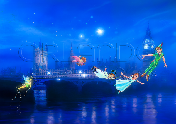 Classic Poster of Peter Pan, Tinker Bell, Wendy and her siblings flying over London