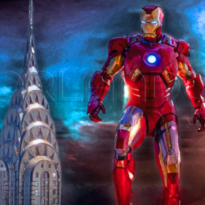 Iron Man soars above the Manhattan skyline. Elevate your office space with this stunning digital artwork.