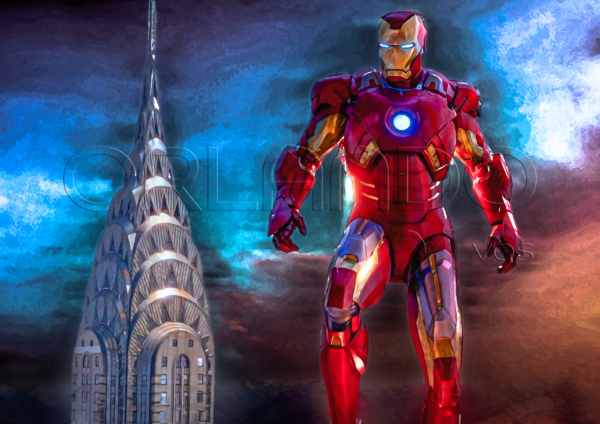 Iron Man soars above the Manhattan skyline. Elevate your office space with this stunning digital artwork.