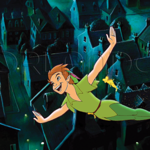 Peter Pan and Tinker Bell flying over old London