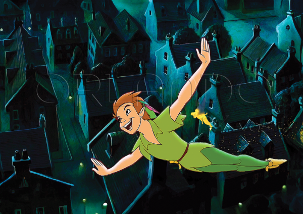 Peter Pan and Tinker Bell flying over old London