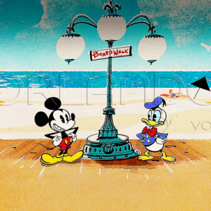 Mickey Mouse and Donald Duck in vintage style, strolling along the beach. A magical decoration for your little ones' room.