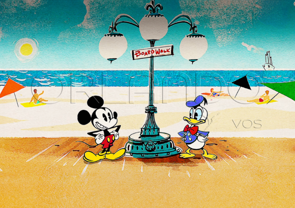 Mickey Mouse and Donald Duck in vintage style, strolling along the beach. A magical decoration for your little ones' room.