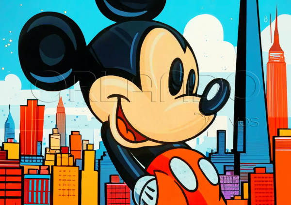 Mickey Mouse enjoys a walk through the vibrant streets of New York