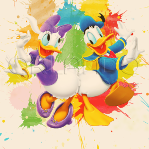 Donald and Daisy dancing on colorful splashes of watercolor