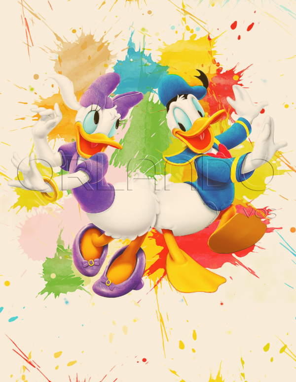 Donald and Daisy dancing on colorful splashes of watercolor