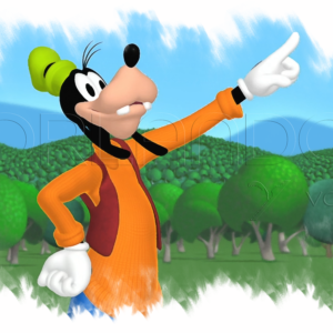 An adorable Goofy pointing to the sky