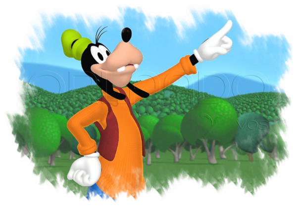 An adorable Goofy pointing to the sky