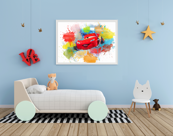 Lightning McQueen jumping on a large and colorful splash watercolor