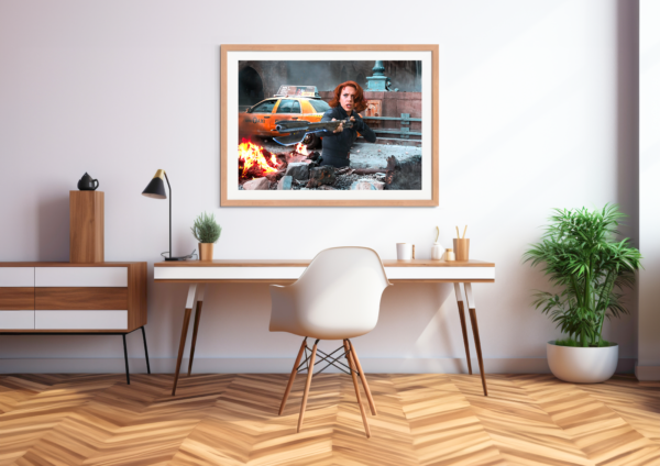 Black Widow fires back in the burning city. This electrifying digital artwork captures the intensity of the fight.