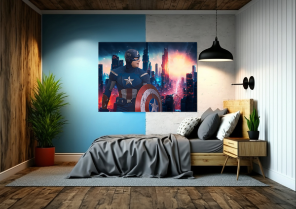 Witness Captain America's bravery in the epic final battle. This stunning digital artwork is a perfect addition to your office.