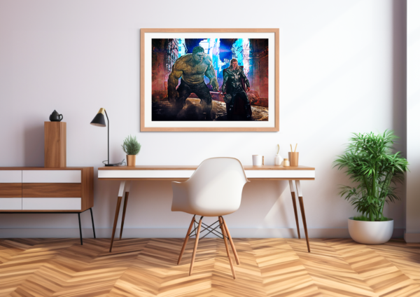 Hulk and Thor stand side-by-side in a ruined building. Epic digital art for your office, workspace, and other places.