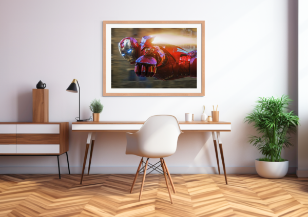 Iron Man soars over the city, scanning for his enemies. This epic digital artwork is the perfect addition to your office.