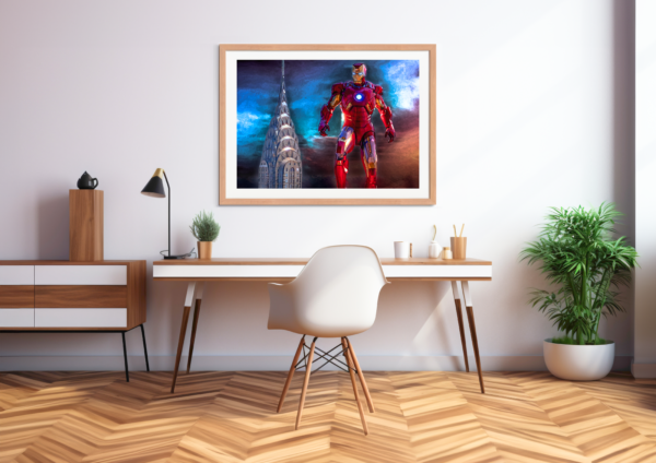 Iron Man soars above the Manhattan skyline. Elevate your office space with this stunning digital artwork.