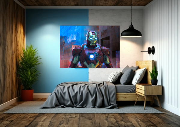 Iron Man guarding the city. This digital artwork is the perfect addition to your office, or anywhere you need a touch of heroism.