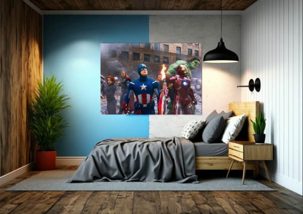 The Avengers, united under the leadership of Captain America and Iron Man, stand ready for the final battle. Digital artwork for your office