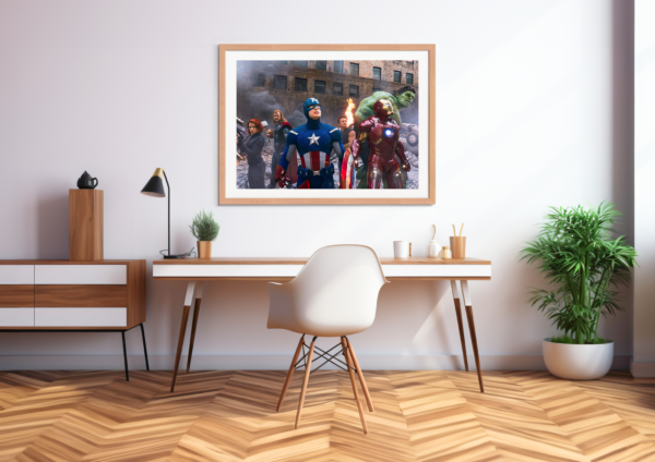 The Avengers, united under the leadership of Captain America and Iron Man, stand ready for the final battle. Digital artwork for your office