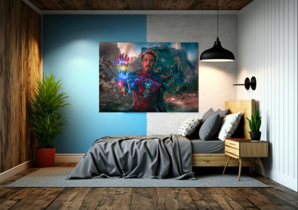 Iron Man, wielding the mighty Thanos gauntlet. This epic digital artwork is ideal for your office or anywhere you need a touch of heroism.