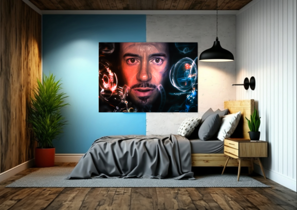 Tony Stark suited up as Iron Man. This detailed digital artwork injects a touch of superhero flair into your office.