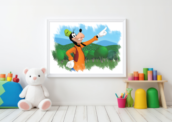 An adorable Goofy pointing to the sky