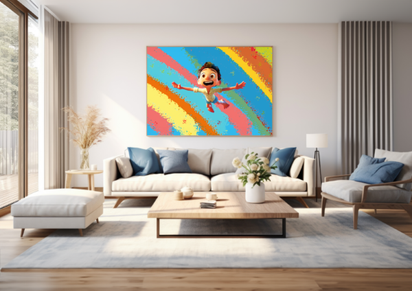 Luca jumping over a vibrant palette of colors. Ideal for your child's room, play room, living room and other places.