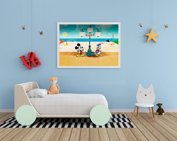 Mickey Mouse and Donald Duck in vintage style, strolling along the beach. A magical decoration for your little ones' room.