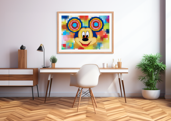 Add a pop of color to your home or office with this eye-catching pixelated painting of Mickey Mouse.