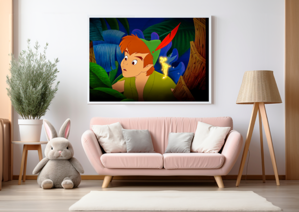 Join the adventure! Own this captivating digital artwork featuring Peter Pan and his loyal fairy friend Tinker Bell