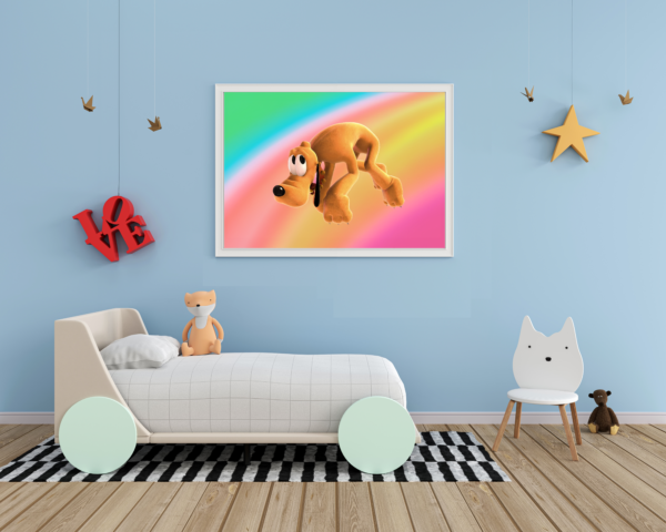 Pluto sneaks away into a colorful digitally painted rainbow. A magical decoration for your little ones' room.