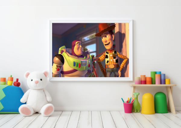 Buzz Lightyear talking to Sheriff Woody. Decorate your little ones' room with our vibrant collection. Bring the magic home.