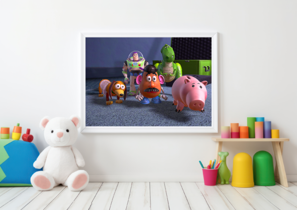 Buzz, Rex, Slinky Dog, Hamm, and Mr. Potato Head await Woody's return. Decorate your little ones' room with our vibrant collection.