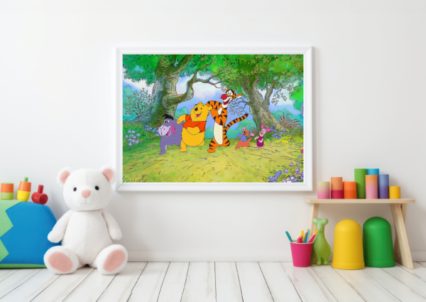 Winnie the Pooh and his friends dancing and singing in their colorful fantasy world