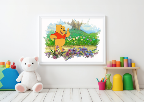 Winnie the Pooh walks in his magical and colorful world