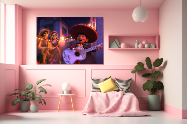 Miguel singing happily, while the spirits of Imelda and Hector dance to his music. Bring the magic to your home.